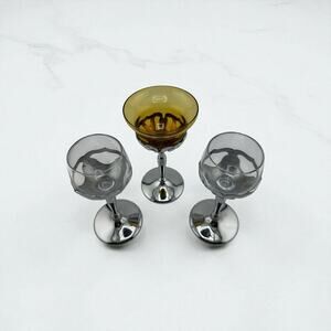 Vintage Faber Brothers Art Deco Cocktail Glasses Chrome Glass 1 Amber, 2 Clear